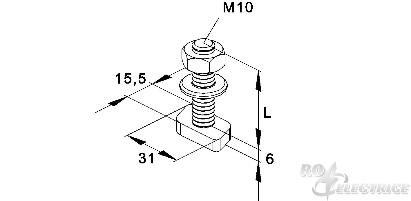 Hammerkopfschraube M10, mit Mutter und Scheibe, 25,5x15,5 mm, L=30 mm, Stahl, galvanisch verzinkt DIN EN ISO 2081/4042,